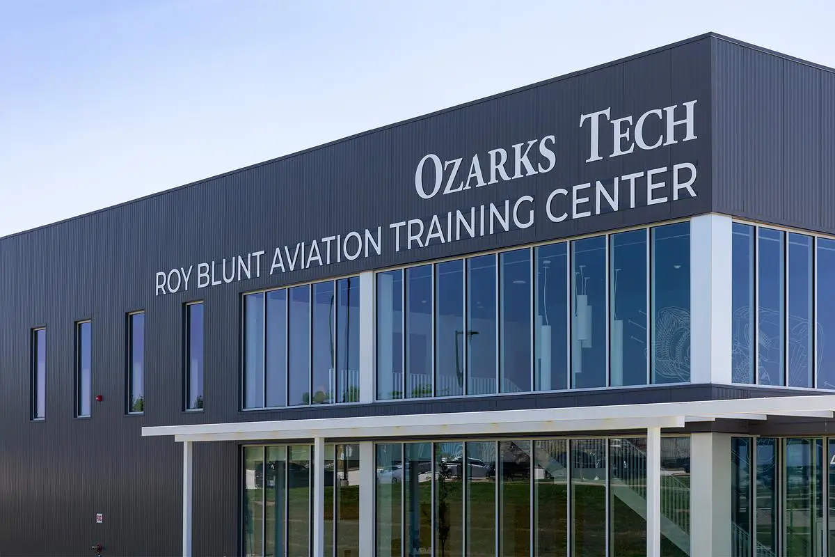 Close-up view of Ozarks Tech’s Roy Blunt Aviation Training Center exterior and signage.
