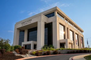 Exterior of Ozarks Tech’s Robert W. Plaster Free Enterprise Center at sunset.