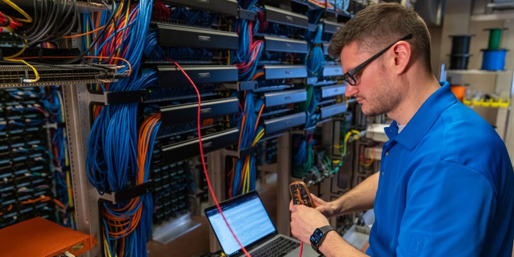 An IT professional is depicted working in a server room