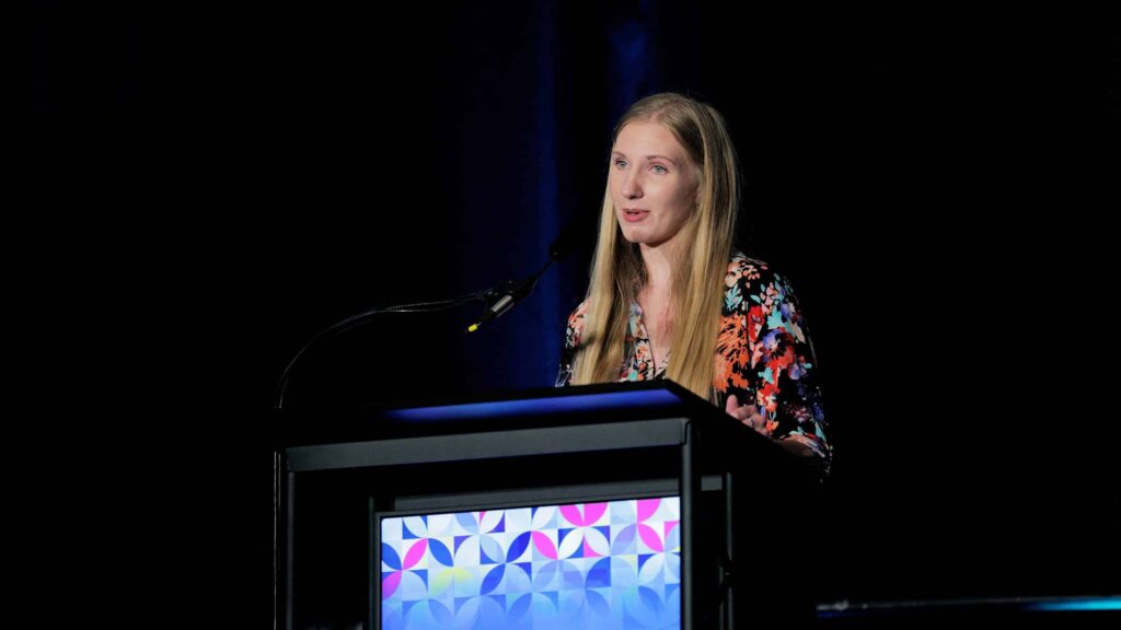 Ozarks Tech student Sarah Emert is depicted as a guest speaker at the OTC Foundation Scholarship Reception
