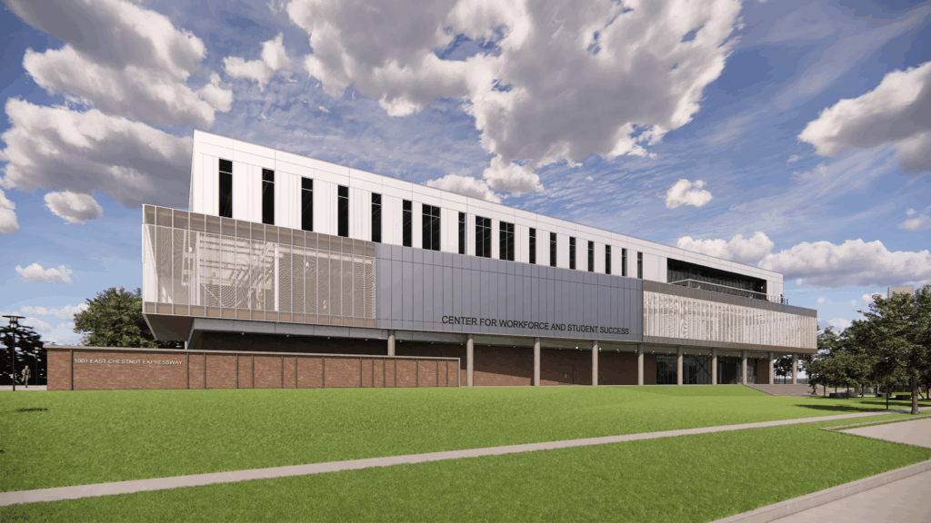 Render of the Southwest side of the planned Center for Workforce and Student Success building