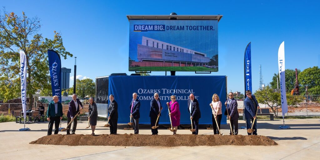 Hal Higdon and others are depicted breaking ground at the Parson Student Union Groundbreaking Ceremony