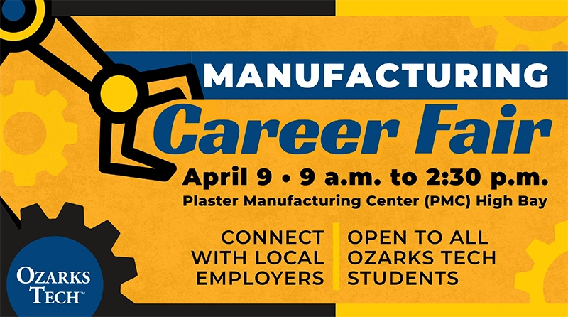 Manufacturing Career Fair flyer. April 9, 2026 from 9 a.m. to 2:30 p.m. at the Plaster Manufacturing Center High Bay.
