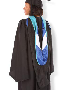 Bachelor&rsquo;s graduation gown back view with black robe and blue and white hood