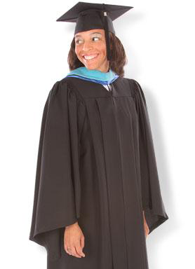 Bachelor&rsquo;s graduation gown front view with black robe, mortarboard cap, and blue hood