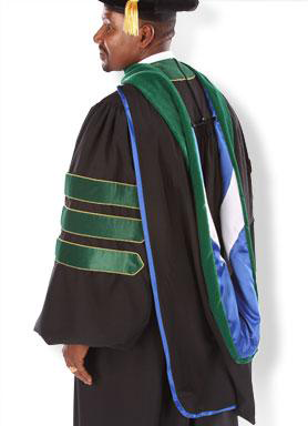 Doctoral graduation gown back view with black robe, green velvet panels, and hood