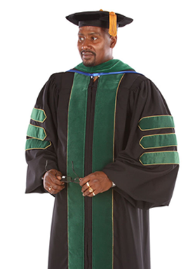 Doctoral graduation gown front view with black robe, green velvet panels, and sleeve bars