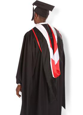 Master&rsquo;s graduation gown back view with black robe and red and white hood