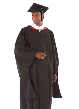 Master&rsquo;s graduation gown front view with black robe, cap, and red hood