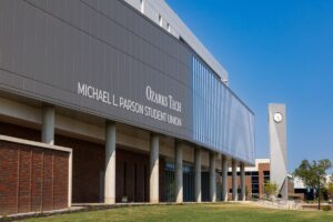 Exterior shot of the Michael L Parson Student Union with clocktower in background