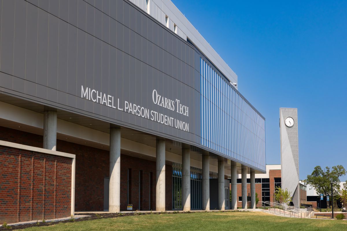 Exterior shot of the Michael L Parson Student Union with clocktower in background